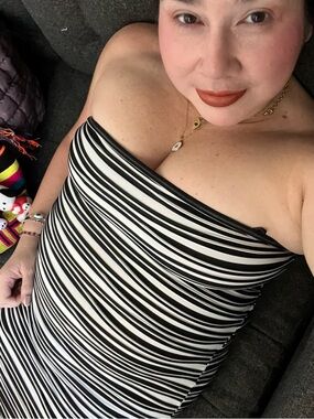 Bebe Brand Black & White Strapless Stripe Mini Dress - Women's